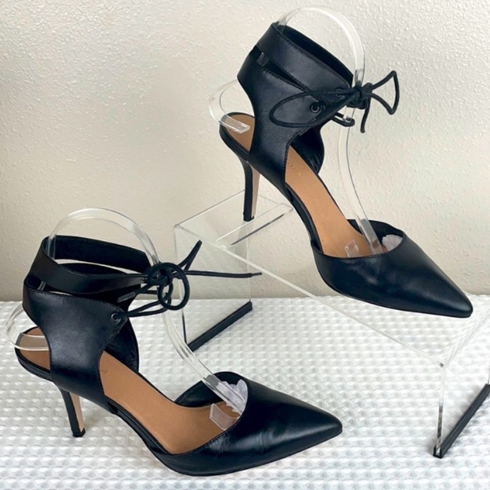 Maiden Lane sz 7.5 black leather tied ankle strap heels pumps